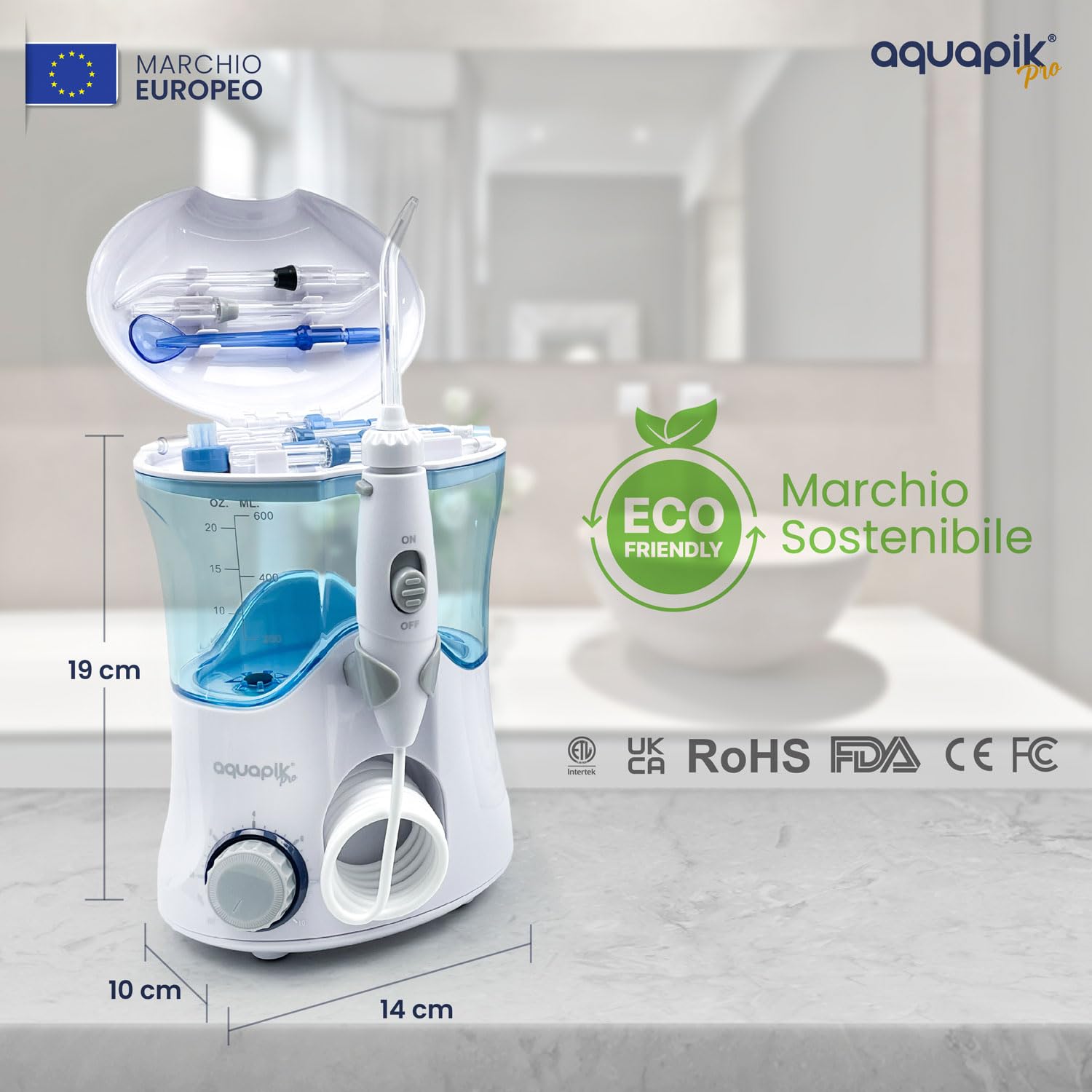 Idropulsore Dentale Aquapik PRO | Irrigatore Orale Professionale 10 Livelli Pressione | Idropulsore Dentale Elettrico con 8 Ugelli + 600 ml Impermeabile (Bianco)