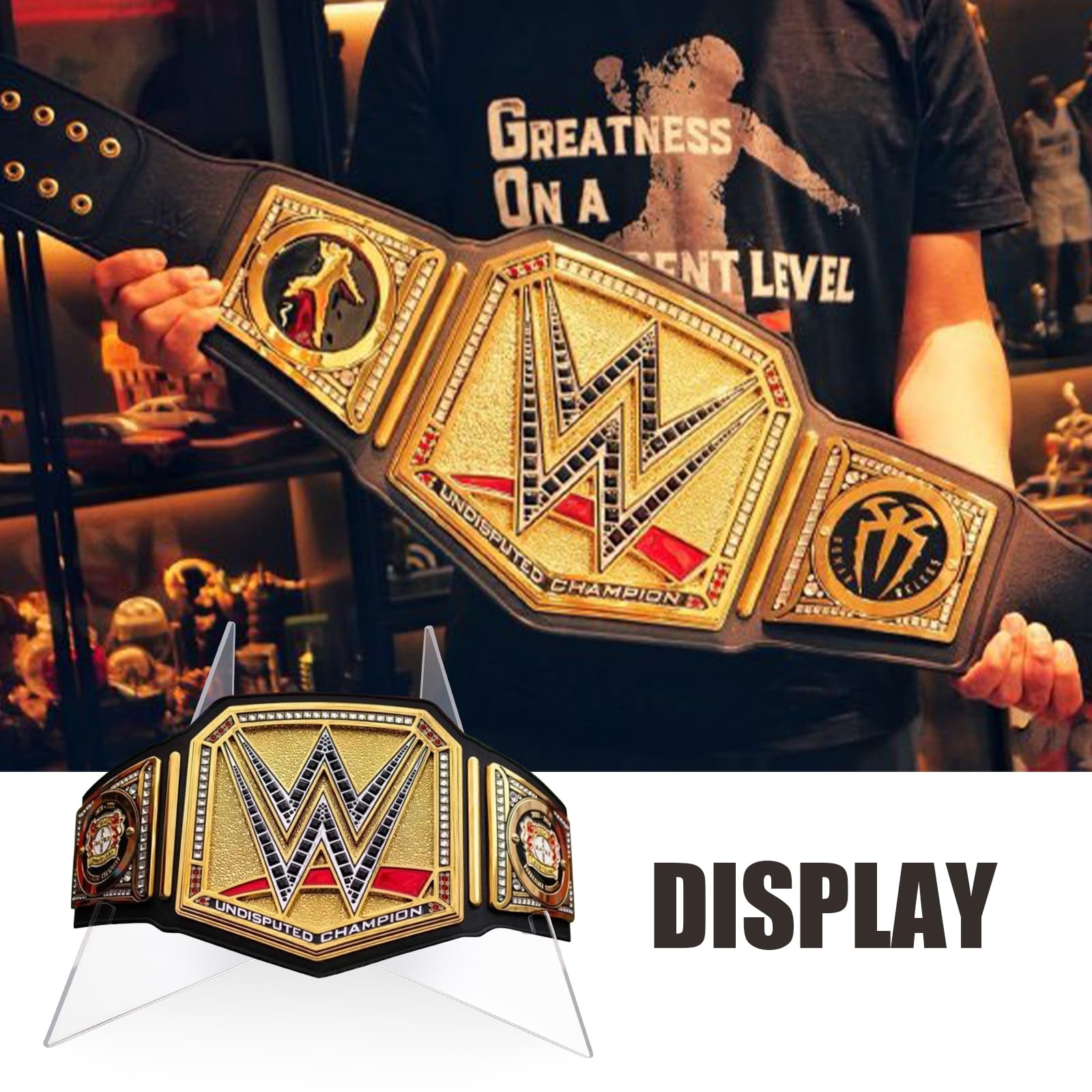 Présentoir de ceinture de championnat en acrylique avec boucle de ceinture, présentoir de table triangulaire stable avec largeur réglable, convient pour la lutte, le football, la boxe, la lutte