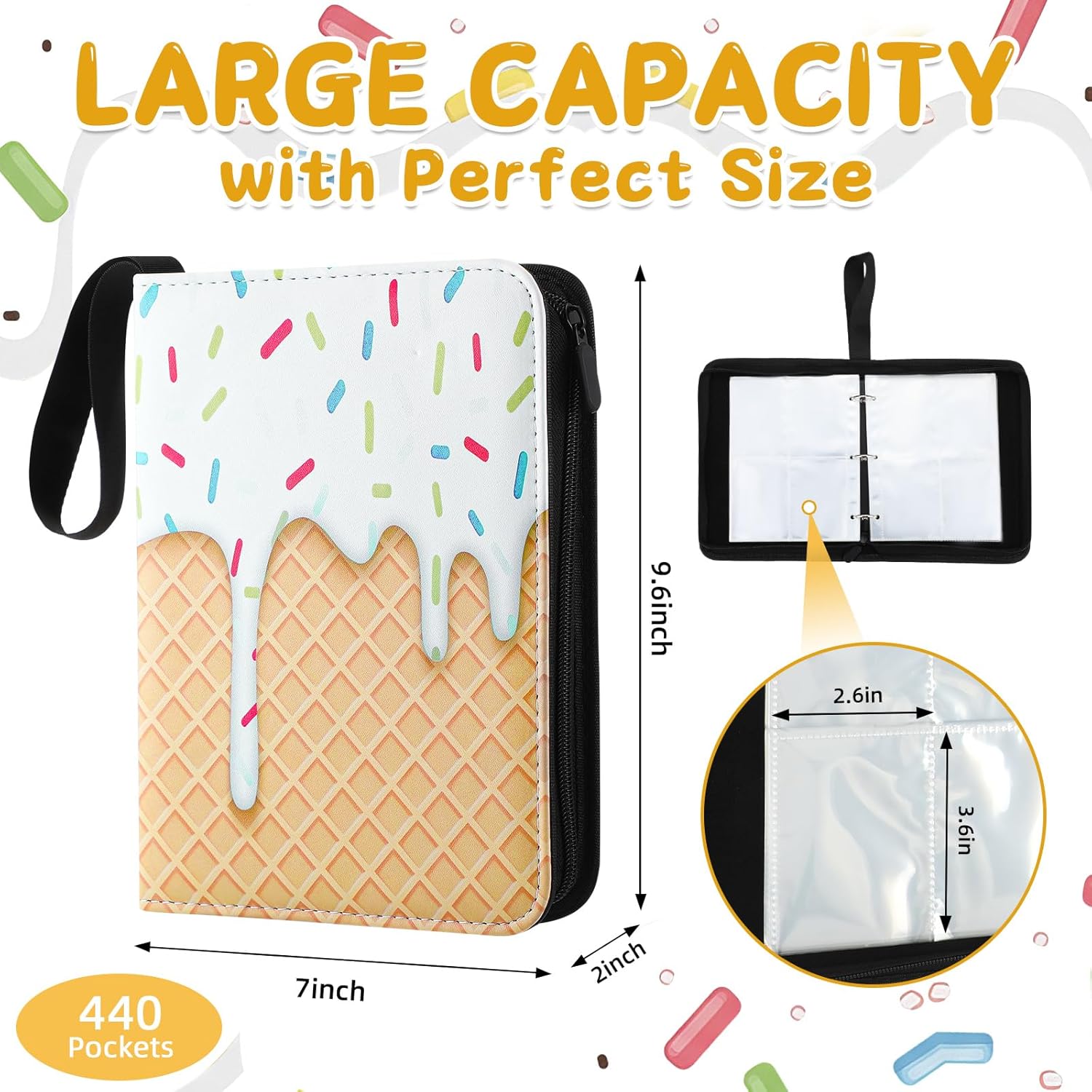Ice Cream Drip Baseball Card Binder Trading Card Binder Portable Collector Cardholder Baseball Album Case for Boys Sports Game Supplies(Ice Cream,White,440 Pocket)
