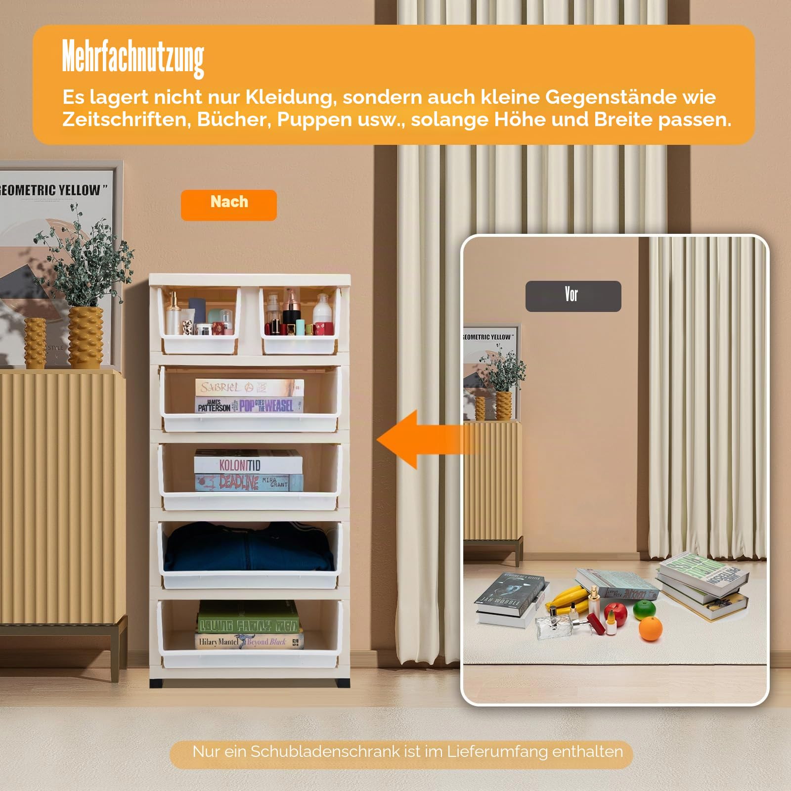 Komode, 6-Stock Kunststoffschrank Aufbewahrungsschrank für Schubladen, Multifunktional Schrank mit Vier Rädern, Mobiler Schubladenschrank, Mit Schloss Schränke, 50x35x102cm (Blau)