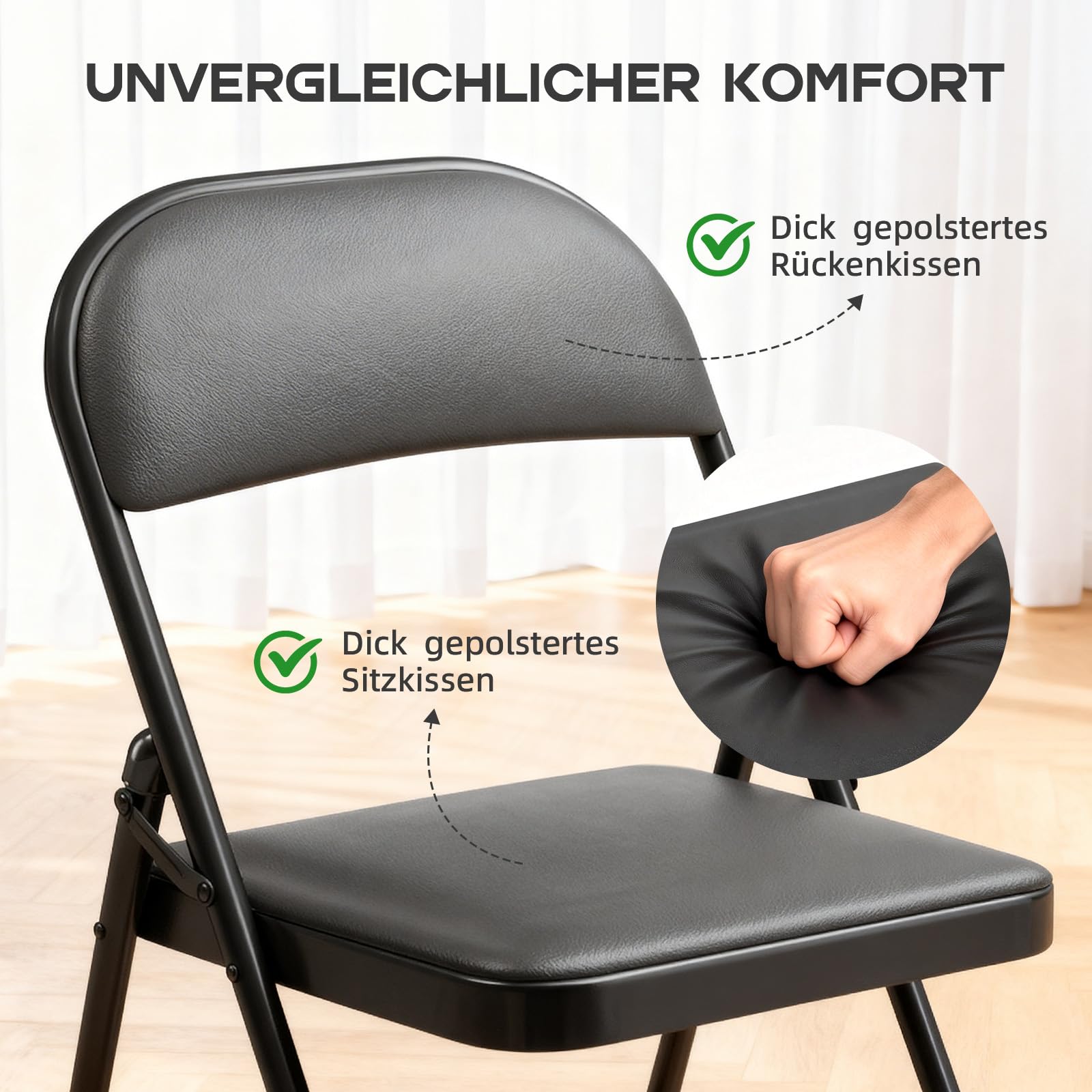 RUIE Chaises Pliantes Lot de 6 Cuir PU, Chaise Métal Rembourrée, Chaises pour Cuisine Bureau Camping Balcon Jardin Salle à Manger, Chaise Pliante Exterieur, jusqu'à 158Kg, Noir