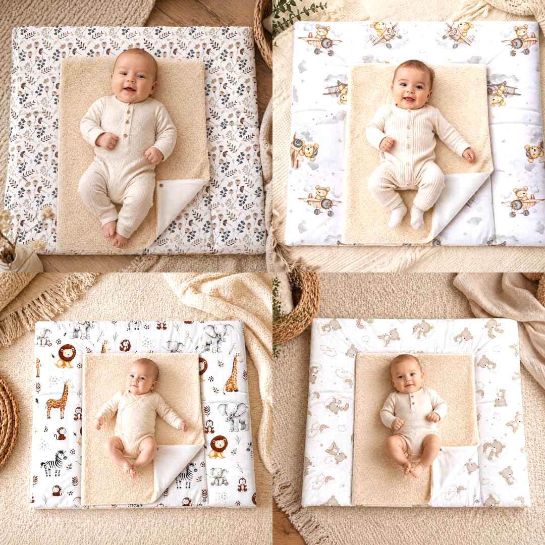 Wickelauflage mit 2 wasserfesten Frotteebezügen – 3-teiliges Set mit Druckknöpfen – Baby Wickelunterlage - Wickeltischauflage aus Baumwolle – 85x75 cm (Breite x Tiefe), ZOO