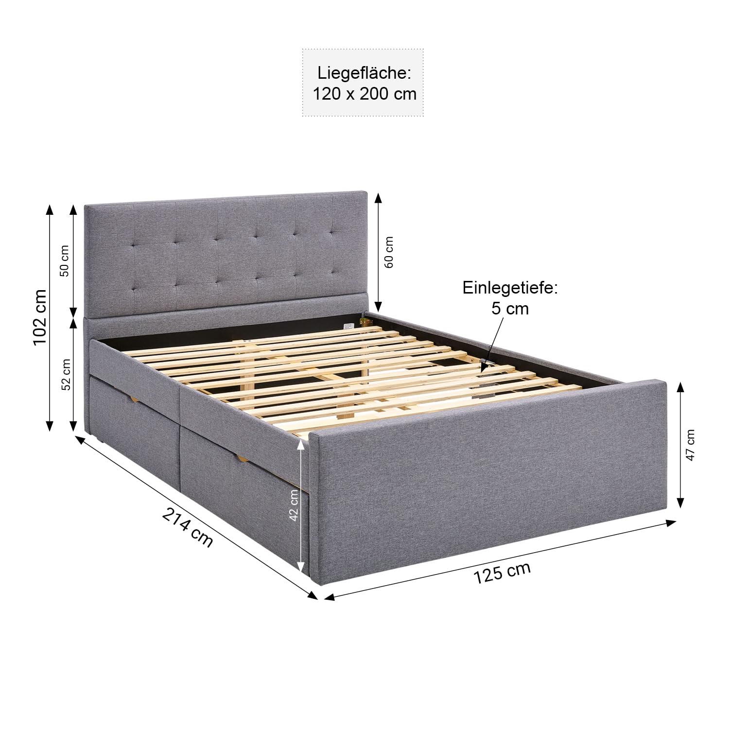 Homestyle4u Polsterbett 120x200 mit Bettkasten & Lattenrost | Stauraumbett 120 x 200 cm in Grau – 2 Schubladen auf Rollen, gestepptes Kopfteil, MDF-Rahmen