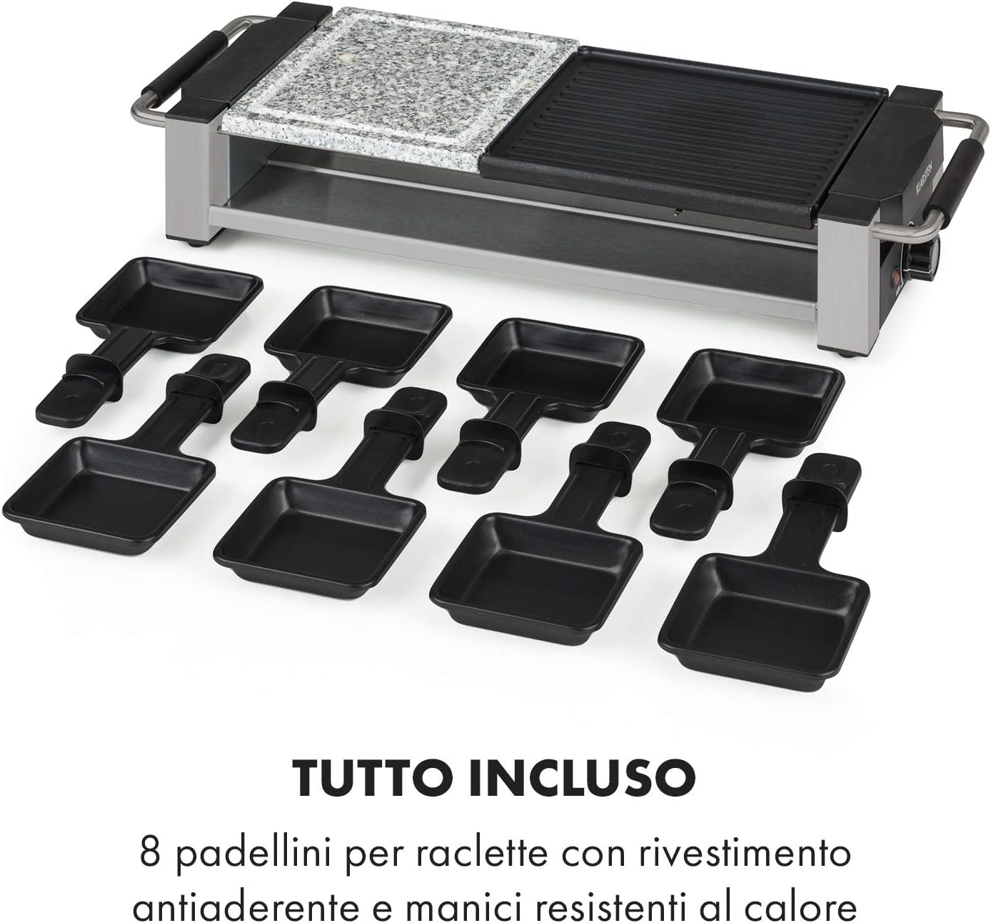 Klarstein Bistecca - Griglia per Raclette, 1200W, 2in1: Piastra in Metallo Antiaderente Piastra in Pietra, Elemento Riscaldante in Acciaio Inox, Termostato Regolabile, per 8 Persone, Argento Klarstein Bistecca - Griglia per Raclette, 1200W, 2in1: Piastra in Metallo Antiaderente Piastra in Pietra, Elemento Riscaldante in Acciaio Inox, Termostato Regolabile, per 8 Persone, Argento