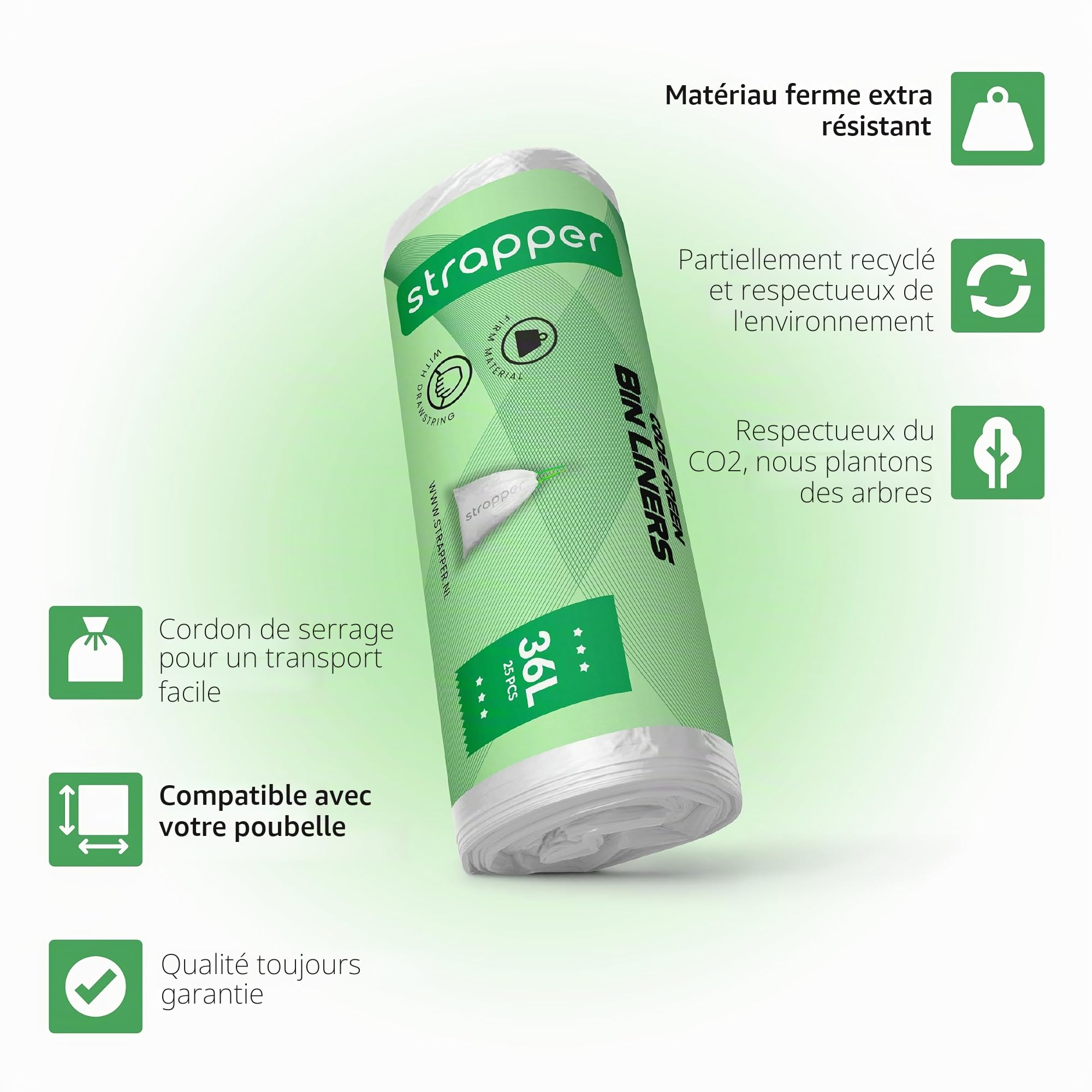 Strapper 100 Vert Sacs Poubelle - Convient pour poubelle Brabantia et Homra Nexo - 36 litres