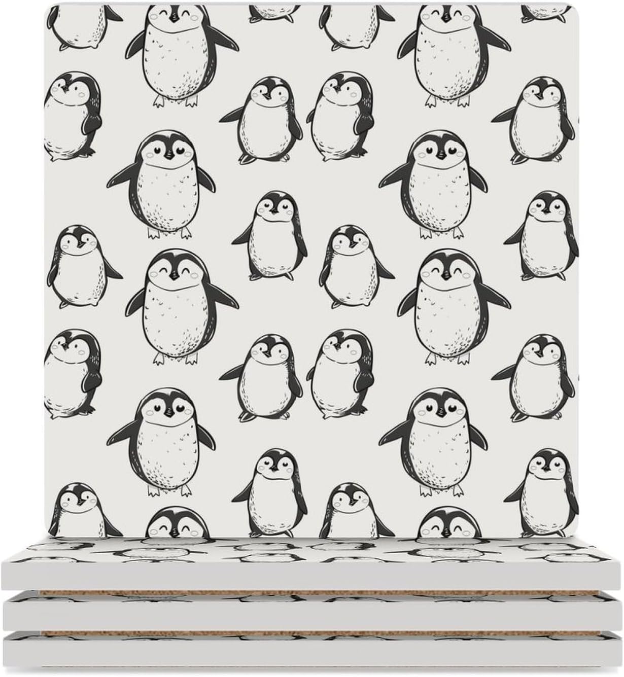 Cute Penguins Winter Animals Coaster for Drinks Square Ceramic Table Coasters Stone Mat Crafts 4PCS Home Kitchen Decor