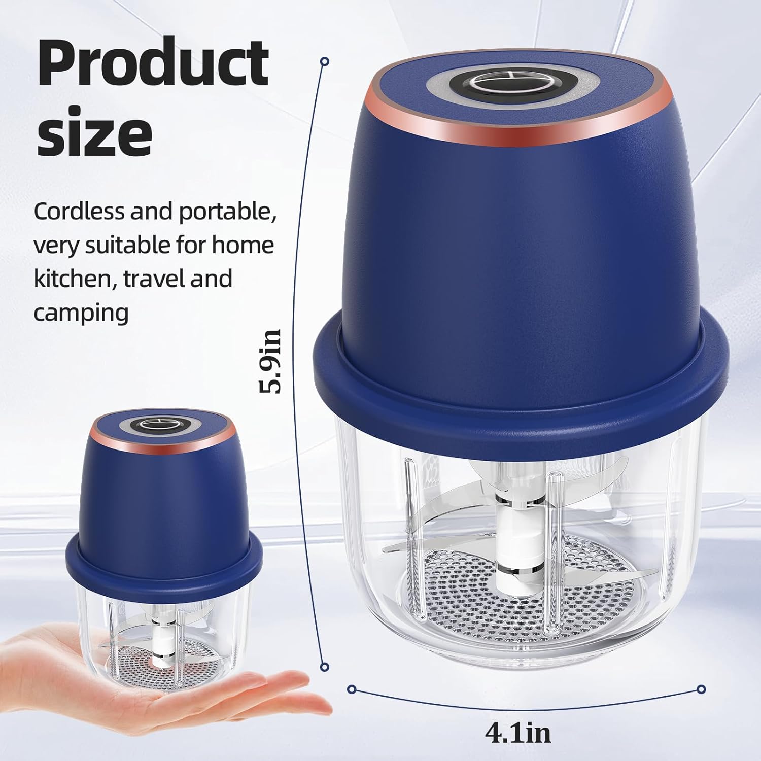 Electric Garlic Chopper, Mini Food Processor & Vegetable Chopper, 350ml Portable Cordless USB Rechargeable Garlic Chopper, Powerful Chopper for Onion, Herb, Nut, Easy to Clean Glass Container（Blue）