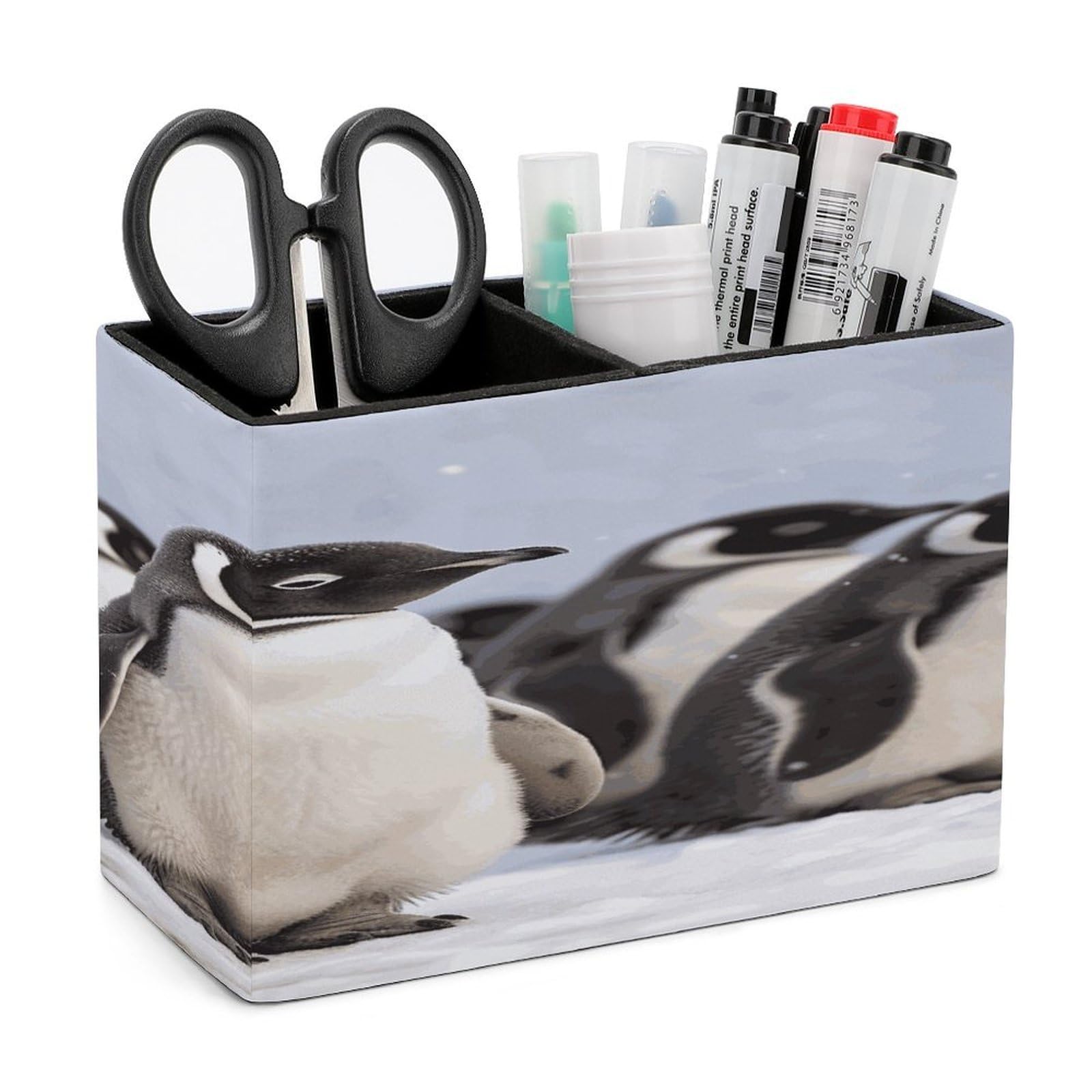 FekiLoot Young Penguins With Snow Pen Holders for Desk Small Remote Control Holder Leather Pencil Cup with Double Compartments Desktop Organizer for Table Desk Office Space Saving