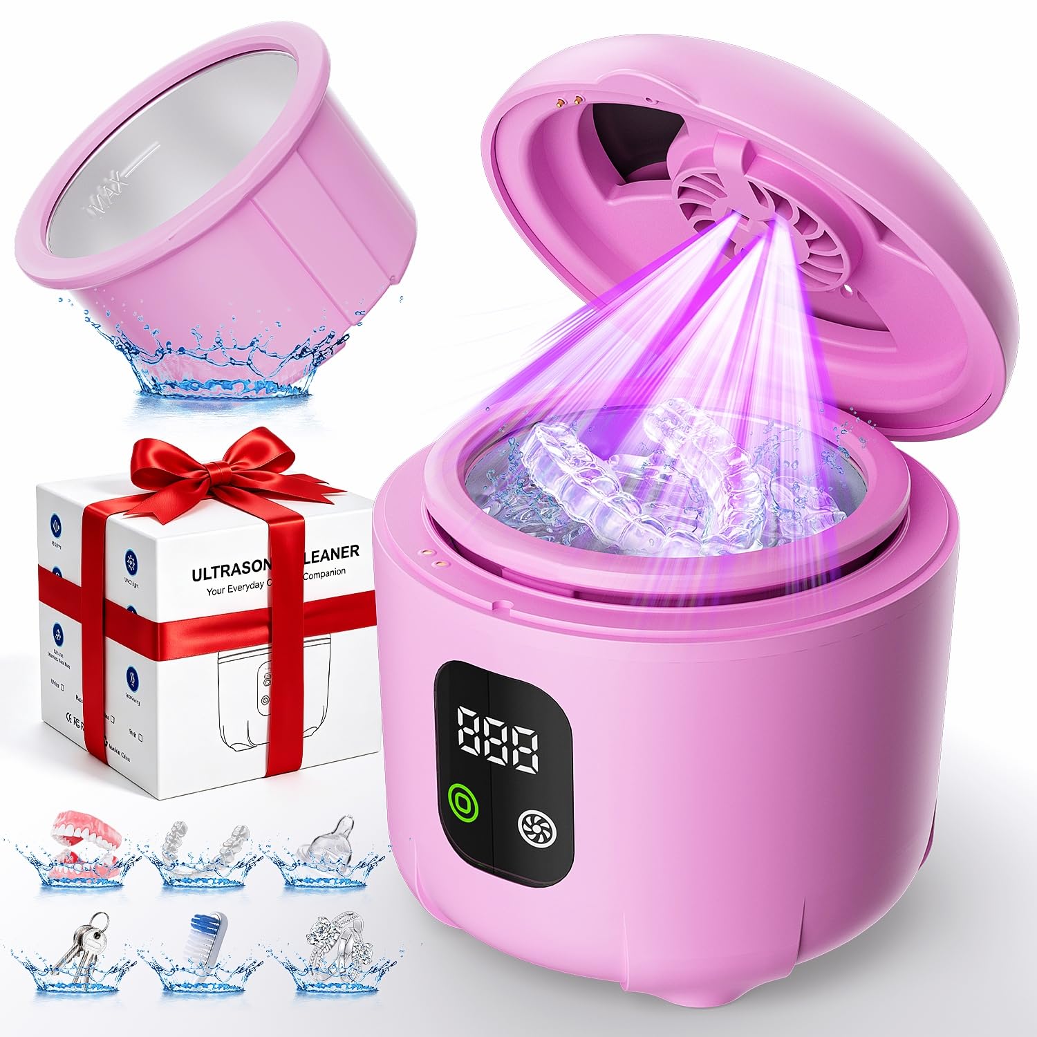 Nettoyeur de retenue à ultrasons 2026 - Nettoyeur de prothèse dentaire portable 45 kHz 25 W avec fonction de séchage et intérieur amovible pour prothèses dentaires, protège-dents, aligneurs, bijoux et