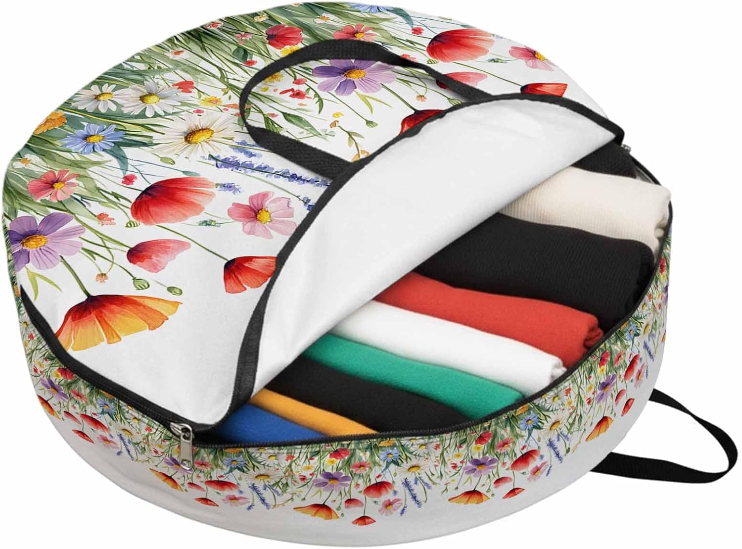 Spring Farmhouse Round Storage Bag 36 Inch, Floral Nature Red Wildflower Botanical Clothes Storage Container with Handles Heavy Duty Organizer for Comforter, Bedding & Holiday Wreaths