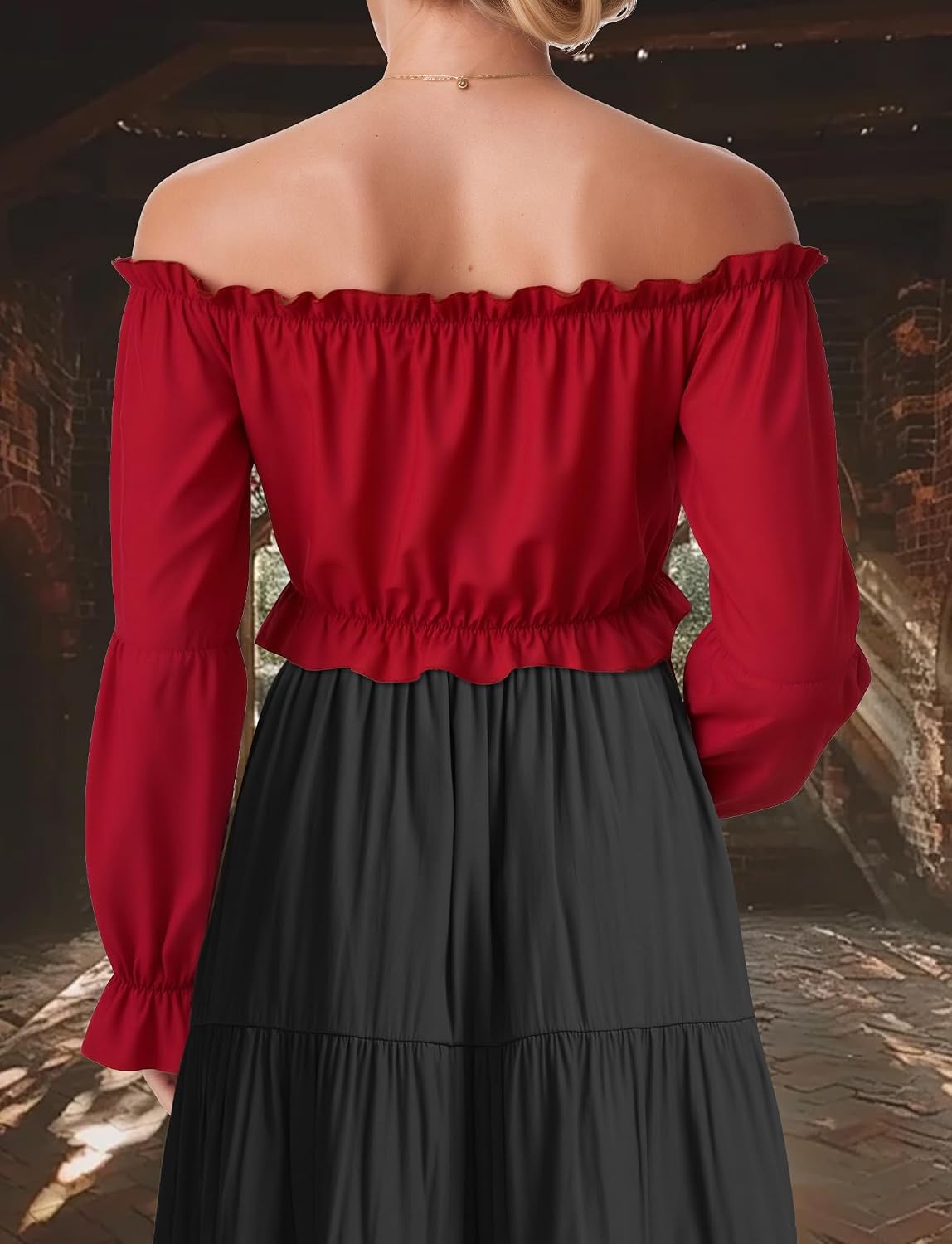 FEOYA Renaissance Peasant Blouses for Women Off Shoulder Long Sleeve Cropped Top Pirate Shirt Ren Faire Medieval Costume