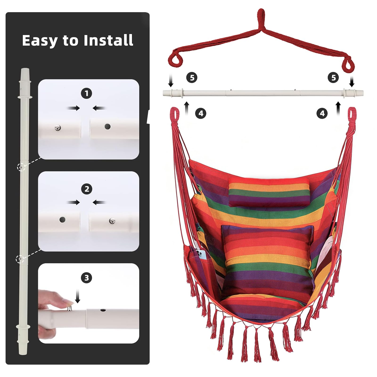 Goutime Silla columpio de tamaño extragrande, con 2 cojines y 1 almohada para el cuello, silla colgante de algodón para dormitorio/patio, silla hamaca con bolsillos laterales y accesorios de hardware