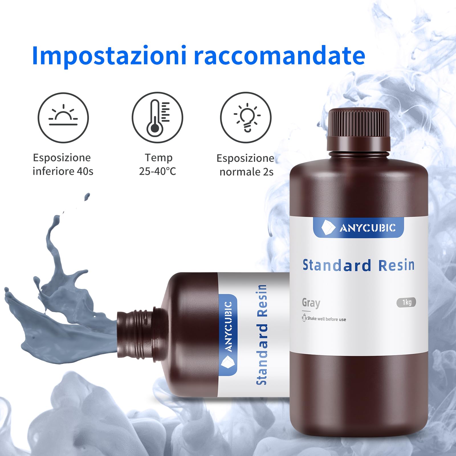 ANYCUBIC Resina Stampante 3D Veloce LCD Fotopolimerizzante UV 405nm Resina Standard Elevata Percentuale di Successo di Stampa, per 3D Printer LCD/DLP/SLA, Grigio 1kg