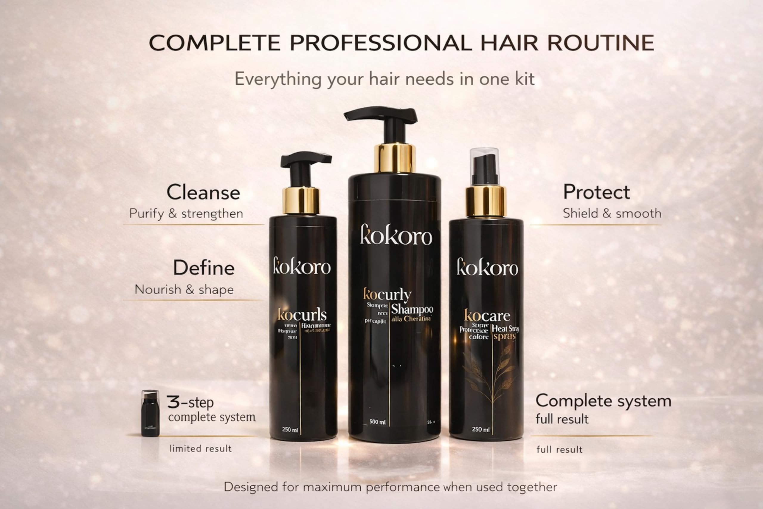 KOKORO Kit Ricci Protetti – Shampoo Anticrespo 500ml + Trattamento Cheratina 250 ml + Termoprotettore 250 ml – Routine Completa Capelli Ricci, Anti Crespo, Protezione Calore, Definizione Professionale
