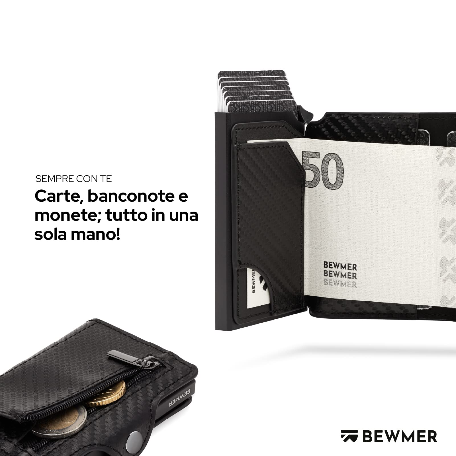 BEWMER Porta Carte di Credito 1 ZIP Schermato | Portafoglio Slim da Uomo e Donna | Porta Tessere e Documenti con Rfid Protection e Fermasoldi in Carbon Fiber (Nero Carbon con ZIP)