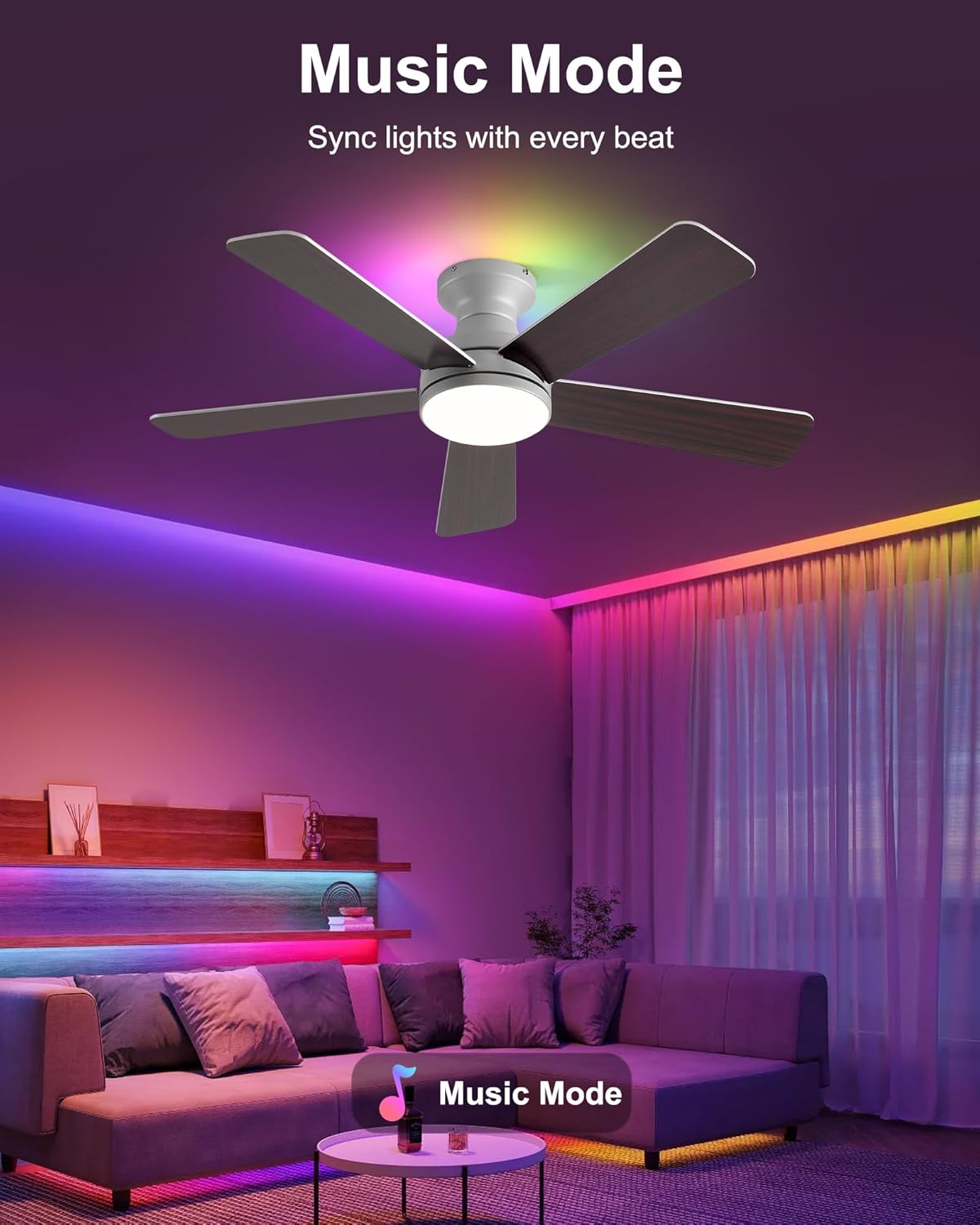 42 Inch Ceiling Fans with Lights, Smart Ceiling Fan with Alexa Google App, Silver Ceiling Fan with RGB Lights Remote, 6 Speeds Reversible DC Motor, Modern Flush Mount for Bedroom Living Room