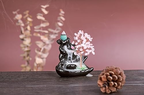 Miniatura 2 de CrystalTears Quemador de incienso de árbol de cristal, soporte de incienso de cascada de cerámica, cuarzo rosa, piedra de cristal curativo, árbol