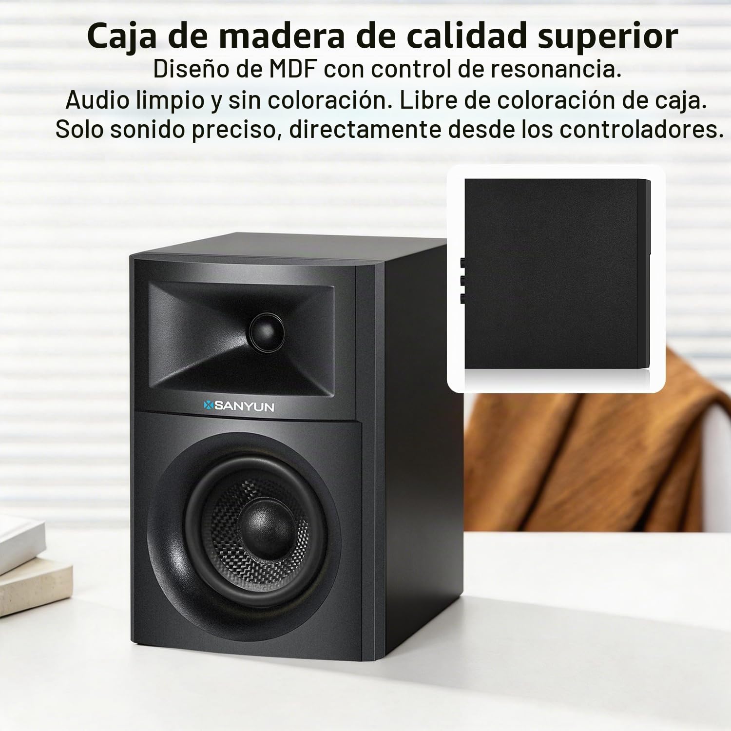 Sanyun SW203 Altavoces PC 2.0 3”, Campo Estéreo Ampliado, Triple-DSP | DAC 24 bits, USB-C/Bluetooth 5.4/AUX, Woofer Fibra Carbono 60W + Tweeter Cúpula Seda, PC Sobremesa Gaming (Pareja, Negro)