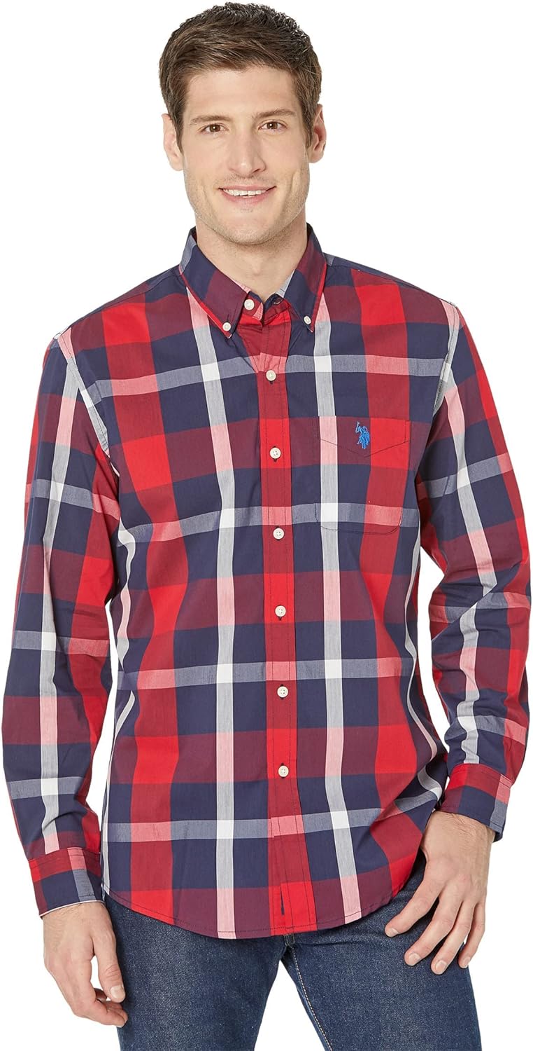 U.S. Polo Assn. Long Sleeve Classic Fit Stretch Poplin Plaid Woven Shirt Engine Red SM