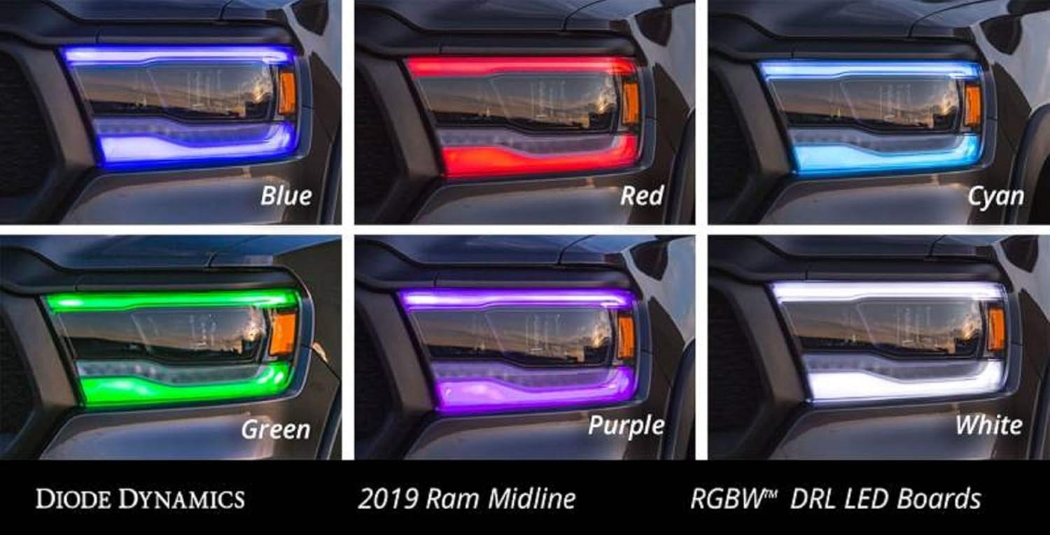 Collage showing six different DRL colors (Blue, Red, Cyan, Green, Purple, White) on a Ram headlight
