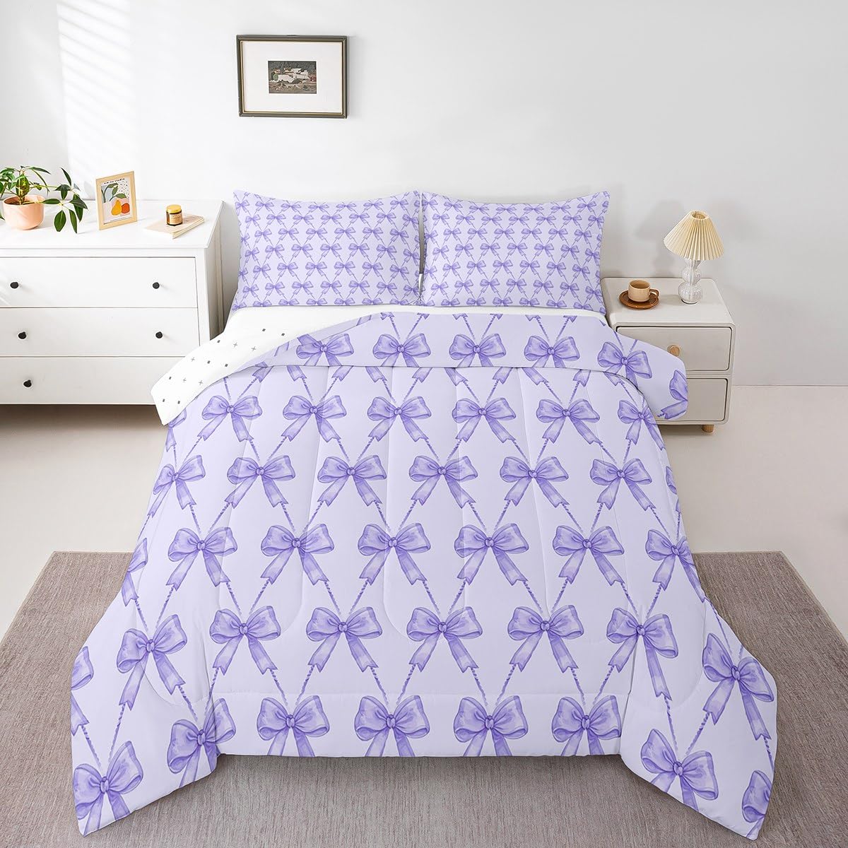 Feelyou Cute Bow Duvet Quilt Full Size Purple Bowknot Comforter Set for Kids Boys Girls Kawaii Bedding Set Breathable Soft Lightweight Microfiber