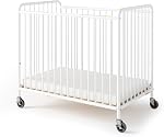 Foundations Chelsea Slatted Metal Compact Daycare Crib, 3" Casters, Compact Mini Size, Easy to Clean Durable Finish, Adjustable to Two Heights Mattress Board, White