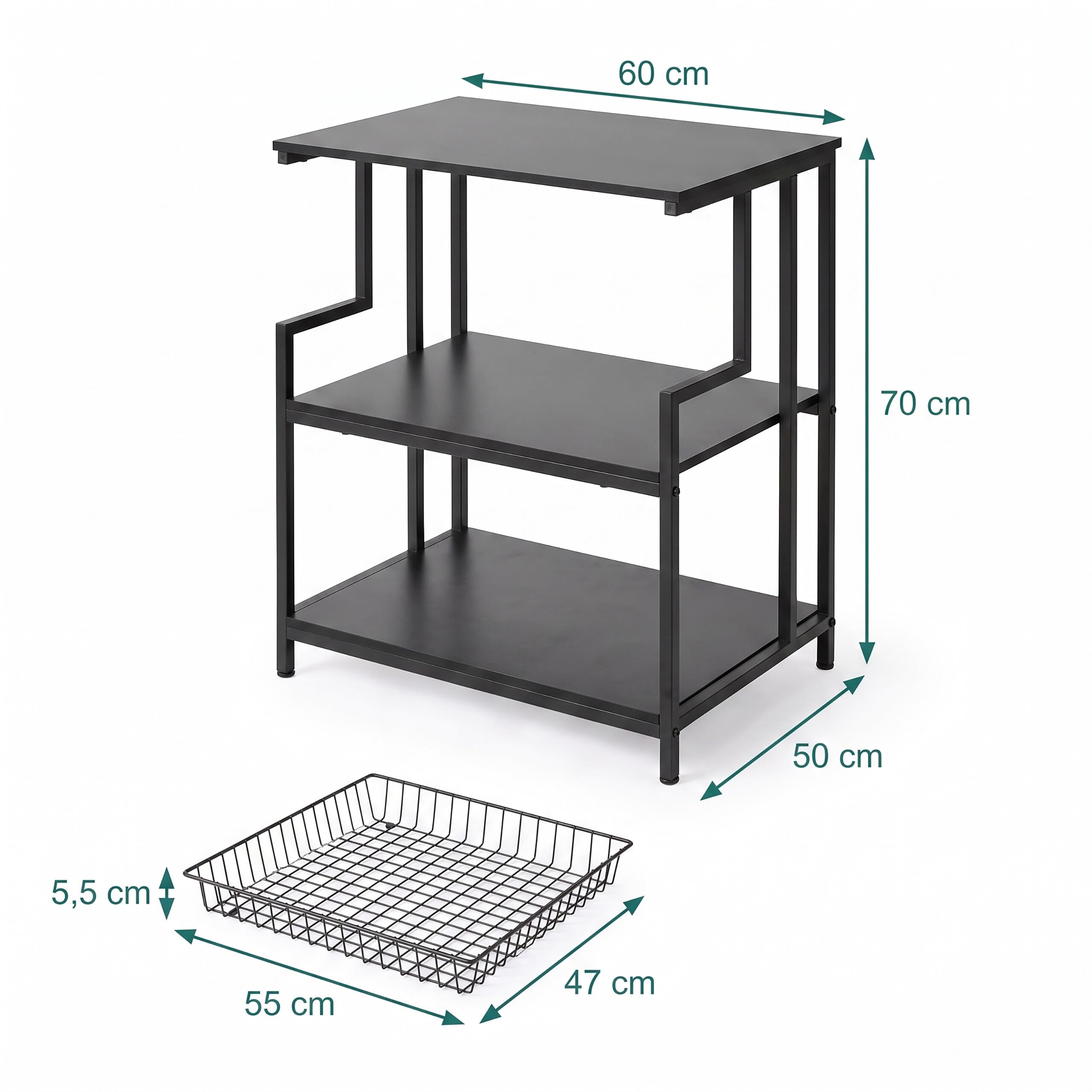 Relaxdays, scaffale per stampante, 3 ripiani, cassetto in metallo, nero