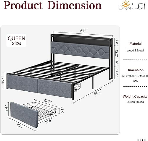 Miniatura 2 de SUNLEI Base de cama Queen con luz LED y 2 cajones, plataforma de metal con estación de carga y cabecera de almacenamiento de tela de lino, listones