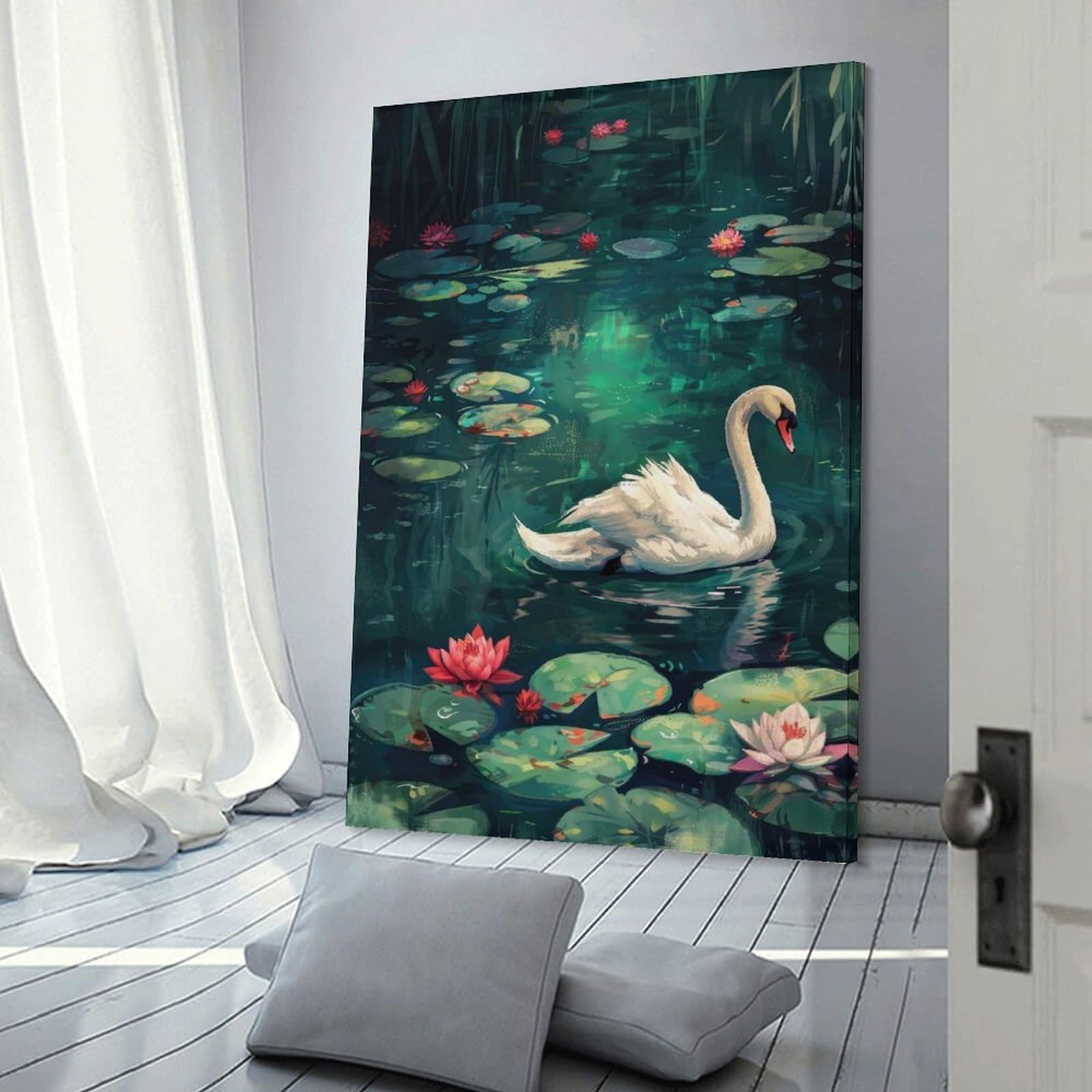 Wall Art Print Swan in A Lily Pond, 24x36inch(60x90cm), for Home Lounge, Bedroom Or Reading Nook, Modern Wall Decor for Cosy Interiors