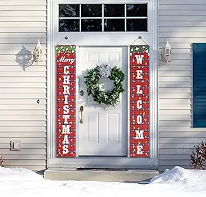 Merry Christmas Banner, Buffalo Plaid Welcome Banner - Front Porch/Door Sign for Indoor/Outdoor Wall
