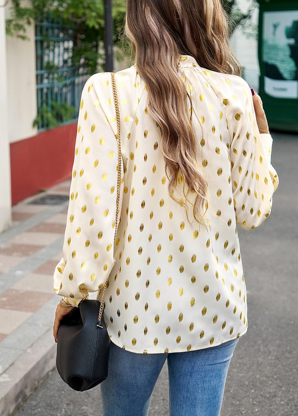 Bluse Damen Langarm,Damen Freizeitbluse, Hohler Twist Stehkragen, Pullover Hemd, Grüne Polka Dot Bronzierung, Stilvolles Hemd, Raglan Langarm Elegante Bluse, Arbeits Und Ausgeh Blusenoberteile