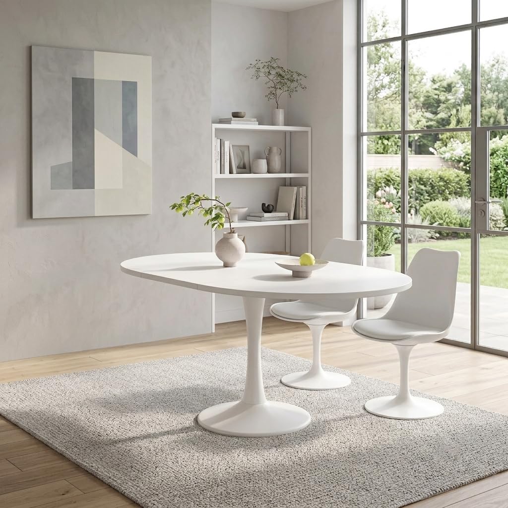 Tavolo da pranzo allungabile, 100/140 x 100 x 75 cm, bianco, rotondo, da cucina, da giardino, per piccoli appartamenti o ambienti multifunzione