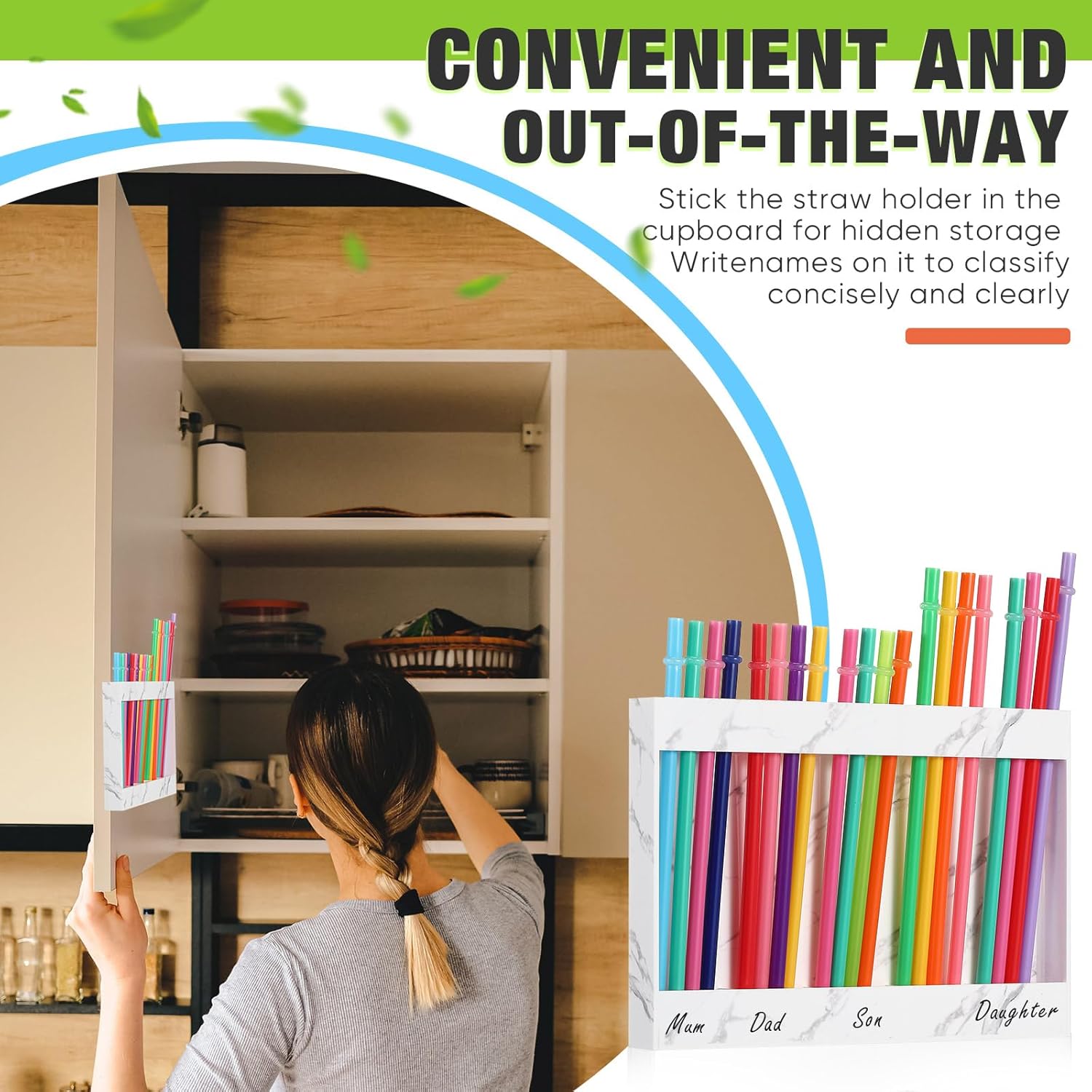 Qinyoung Acrylic Straw Holder for Cabinet Door with Double Sided Adhesive Tape Reusable Straw Organizer Tumbler Storage Kitchen Accessories Container for Counter Cupboard(Marble Texture,Large,White) - Image 4