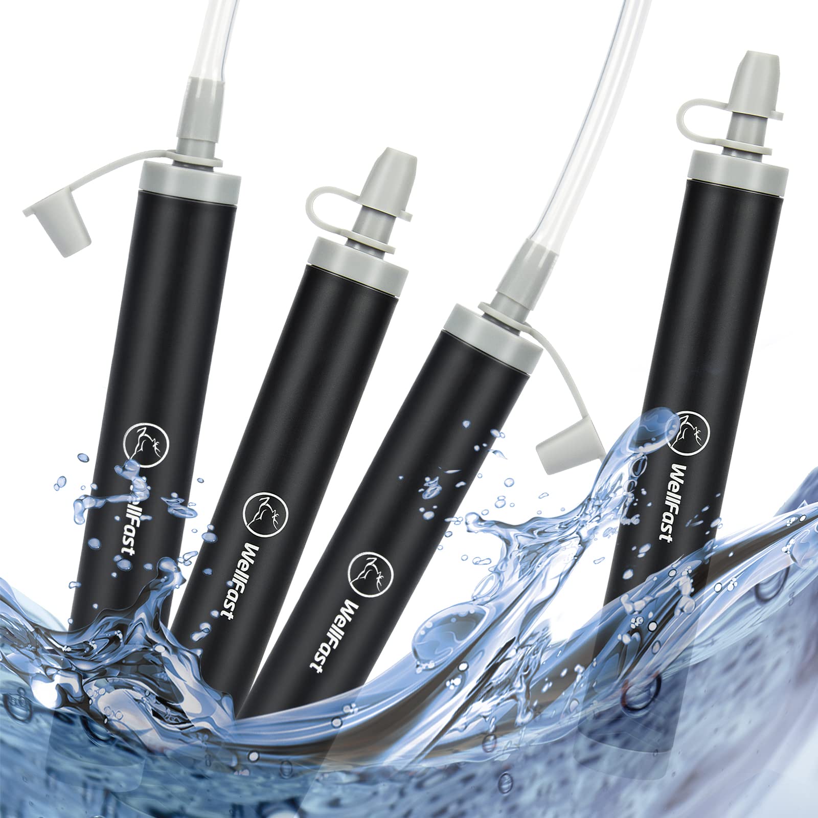 WELLFAST Survival Straw, 4 Pack Personal Water Filter with Extension Hose, 2-Stage Upgraded Portable Purification Straws for Hiking, Travel, Emergency, Camping