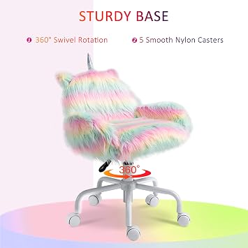 HOMCOM Fluffy Unicorn Office Chair, Mid-Back Support, Rainbow | with Armrest Support, 5 Star Swivel Wheel, White Base