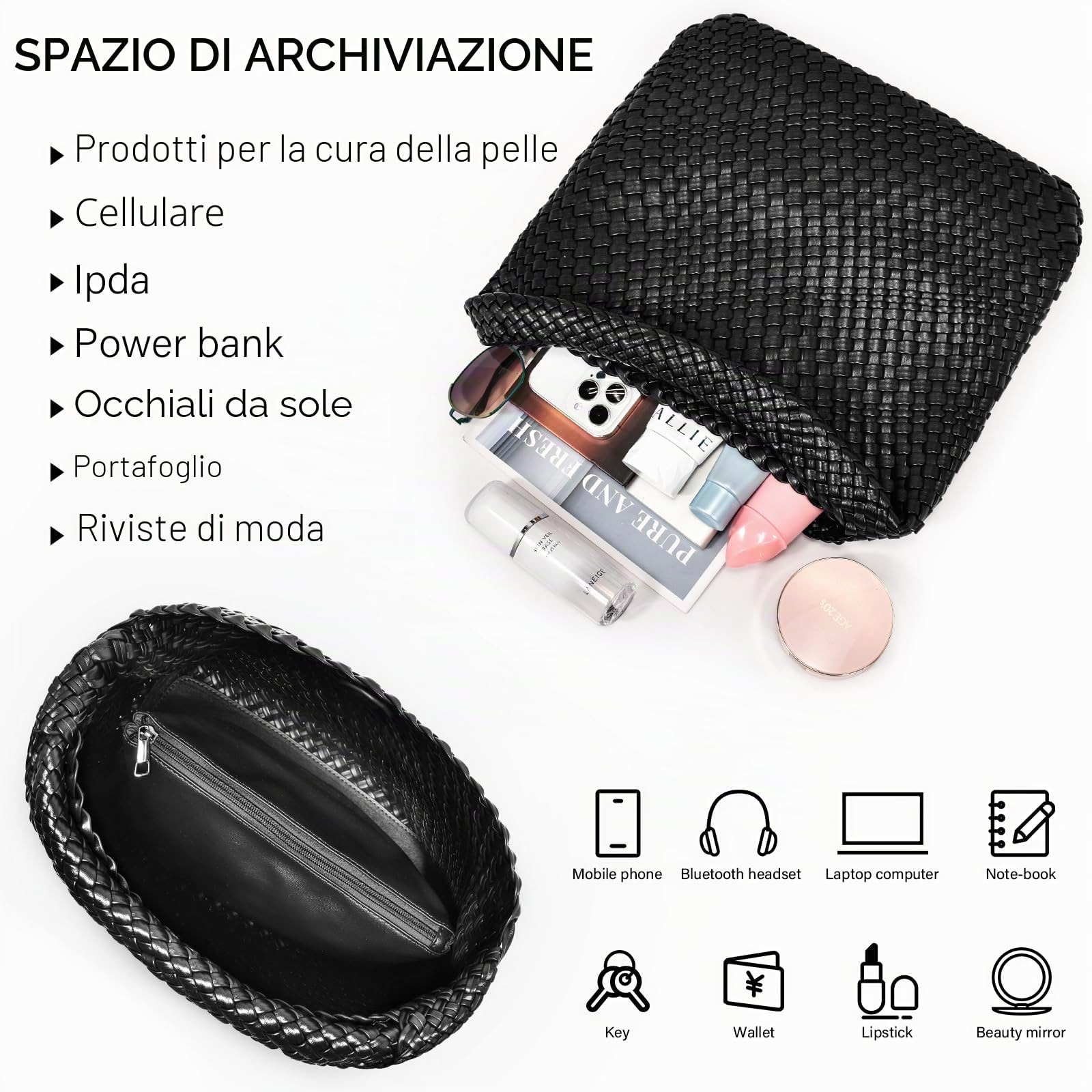 Oscaurt Borsa Tote da Donna in Pelle Intrecciata con Tracolla e Manico Superiore - Borsa per la Spesa con Sacchetto
