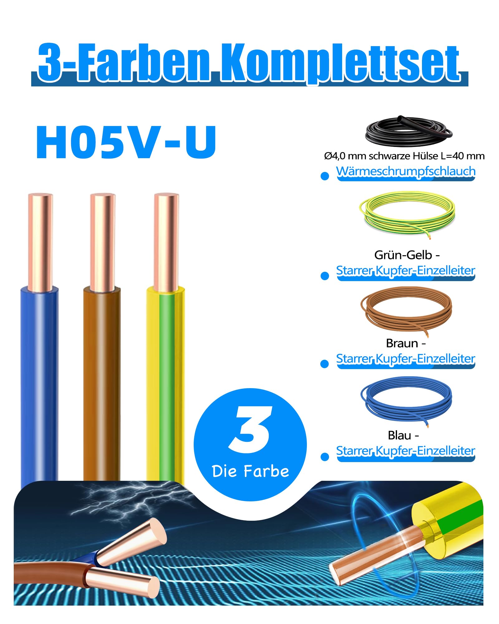 Cable H05V-U 0,75mm² -Kit 3 Colores (Azul, Marrón, Verde-Amarillo) 3x10m - Cable Rígido Monoconductor de Cobre con Aislamiento PVC - 300/500V