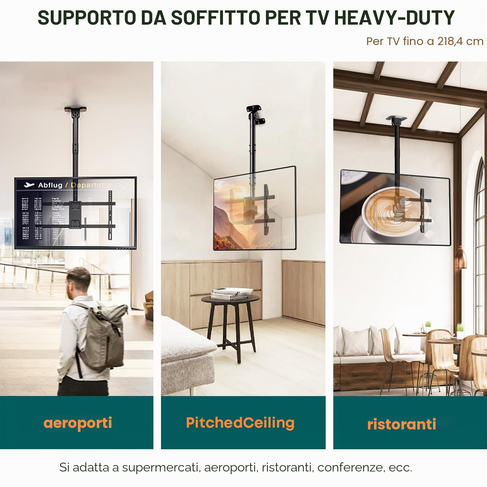 Supporto TV da soffitto, regolabile e inclinabile – Adatto per la maggior parte dei televisori da 43 a 86 pollici, supporto a soffitto Full-Motion, capace di sostenere fino a 60 kg, compatibile con VE