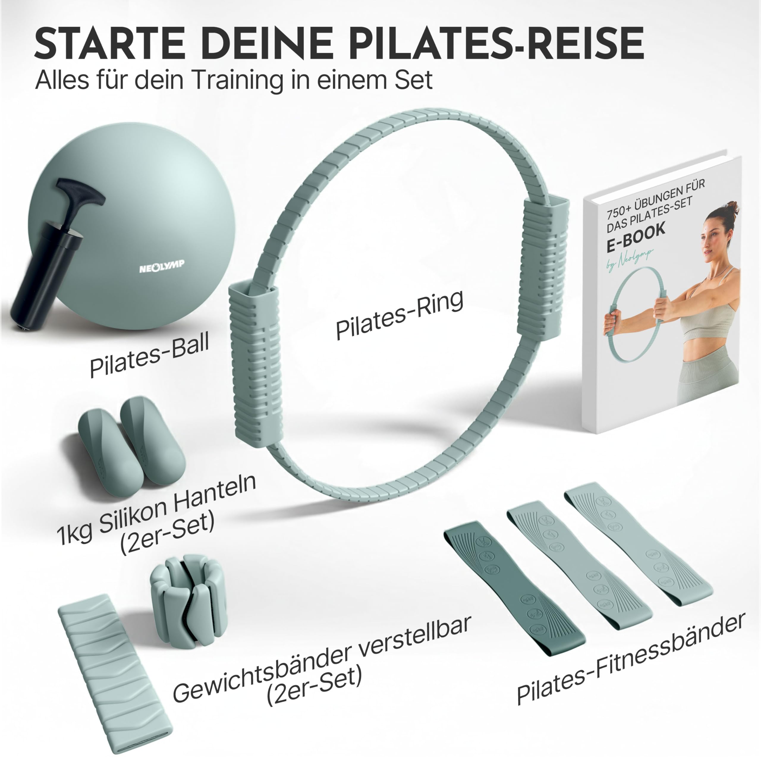 NEOLYMP Pilates Set für Zuhause – Pilates Ball, Pilates Ring & Gewichte – Komplettes Pilates Zubehör Set – inkl. Pilates Bänder, 1kg Hanteln & E-Book – Pilates Essential Kit