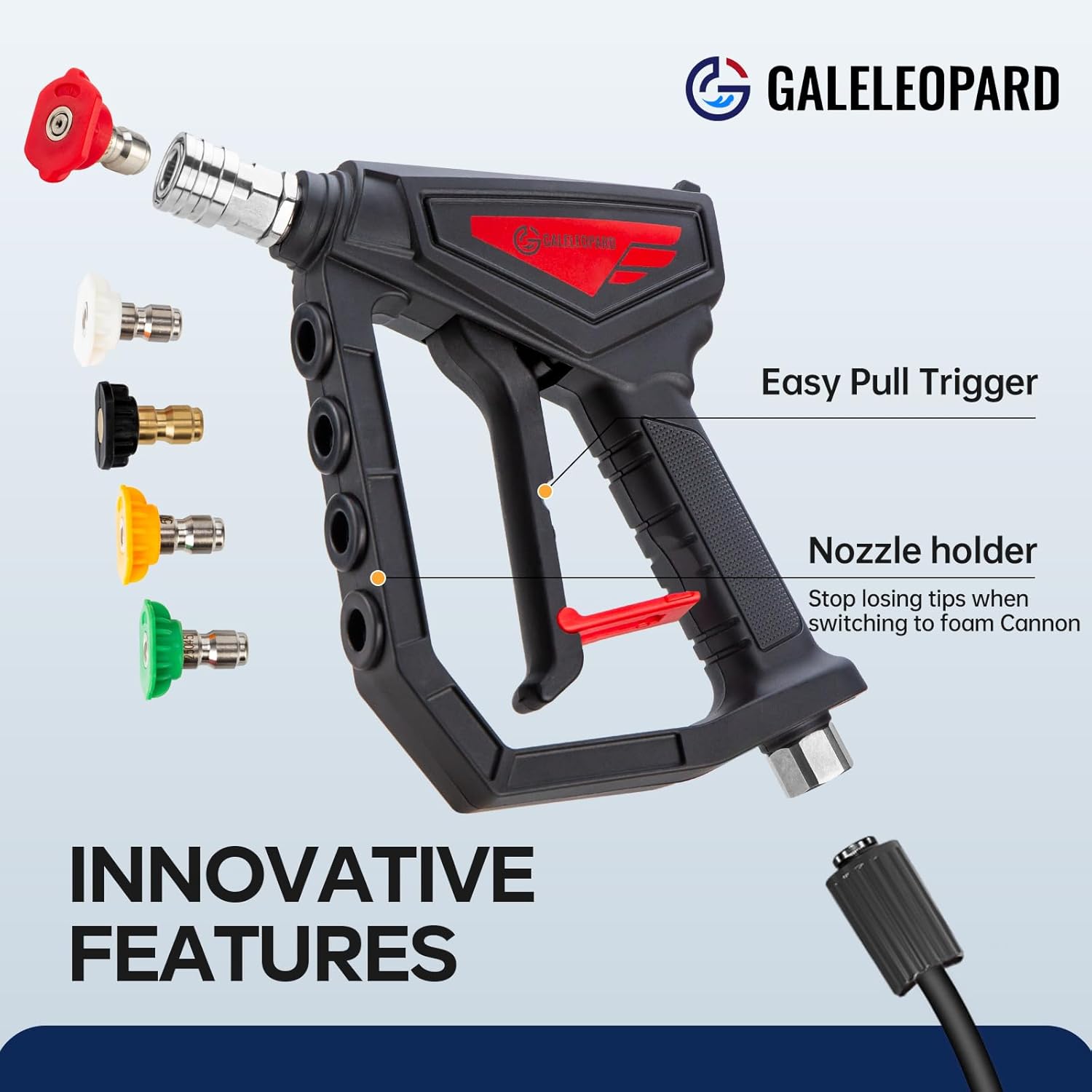 Short Pressure Washer Gun with Nozzle Holder, 5000 PSI High Pressure Washer Gun with 5 Nozzle Tips, 3/8'' Quick Connect, M22-14 mm and M22-15 mm Fittings, Power Washer Gun for Car Wash