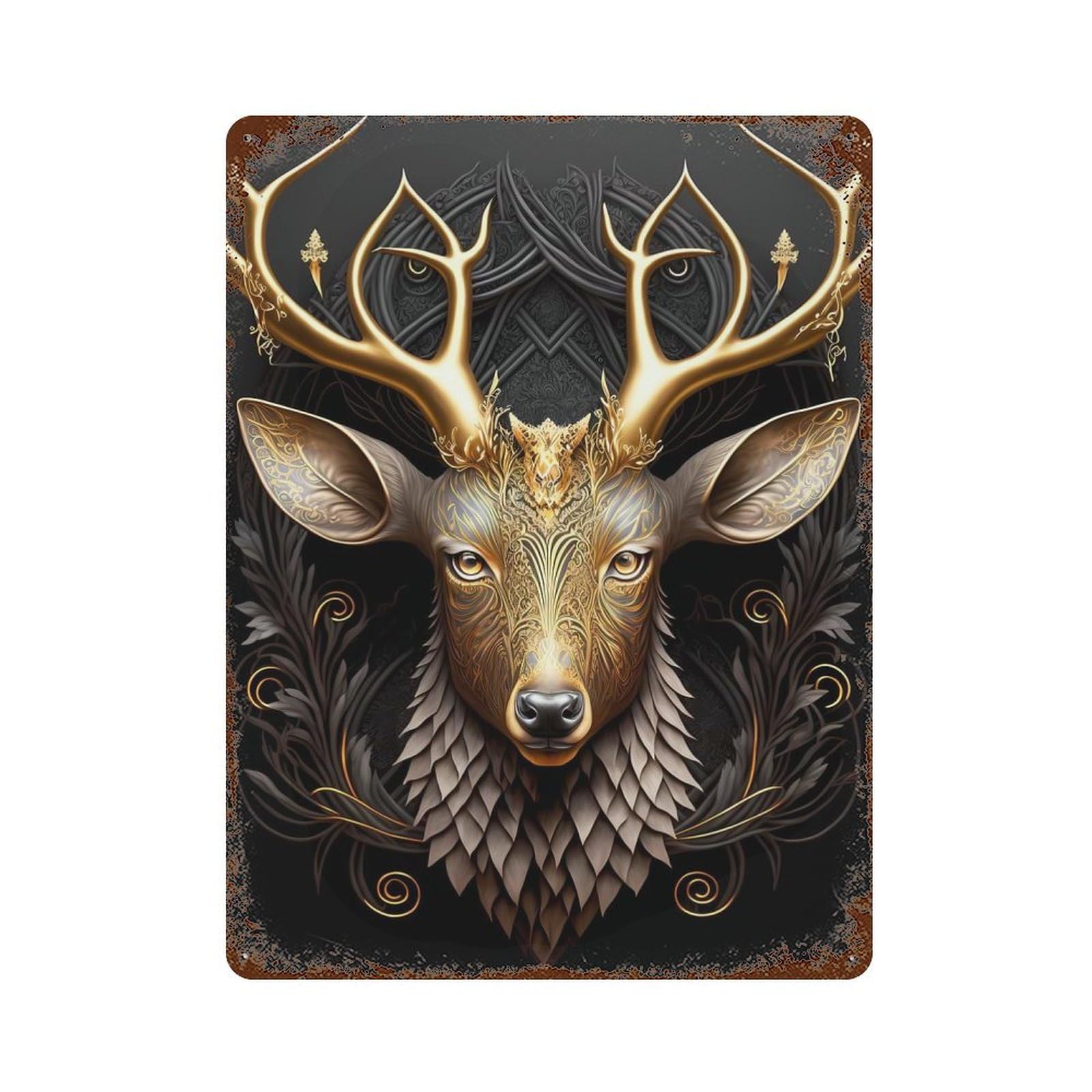 Queen Deer Golden Art Deco 15.7"x11.8" Distressed Metal Wall Sign, Shabby Chic Decor for Shed, Workshop And Garage Wall Decor