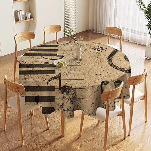 Miniatura 5 de Mantel redondo de cocina con notas musicales retro, estilo rústico y occidental, con estampado de teclas de piano y teclas, mantel redondo