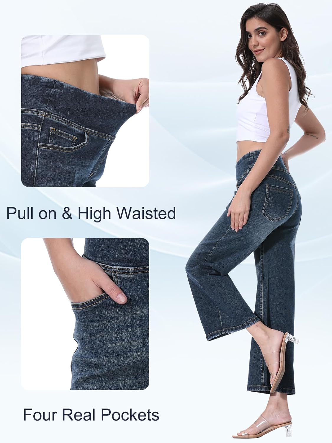 Wide Leg Capri Jeans for Women, Pull on High Waisted Trendy Stretchy Straight Leg Baggy Cropped Tummy Control Jeans - Image 4