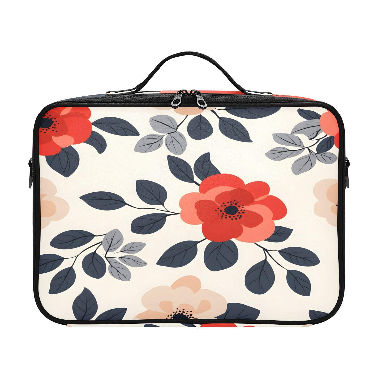 zyrtty Travel Makeup Train Case Flower Leaves Red Pattern Black Leaves Cosmetic Organizer Portable Storage Bag with Adjustable Dividers for Cosmetics Brushes Toiletry Jewelry Digital Accessories