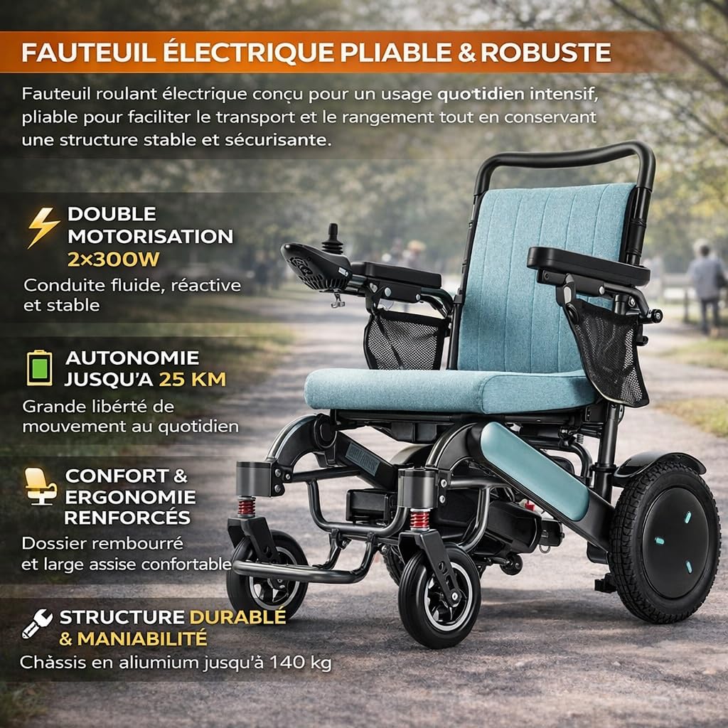 PLUS SANTE LiteRider – Fauteuil Roulant Électrique Pliable, Double Moteur 2×300W, Autonomie 25 km, Batterie Performante, Robuste & Maniable, Intérieur/Extérieur