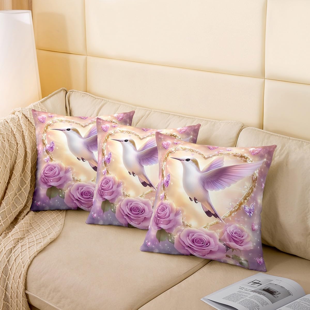 Manfei Hummingbird Throw Pillow Cover Dreamy Blooming Flowers Square Cushion Case Set Romantic Stars Floral Decor Throw Porch Pillows Cases for Couch Sofa Living Room,Soft Pillowcases,24x24 Inches