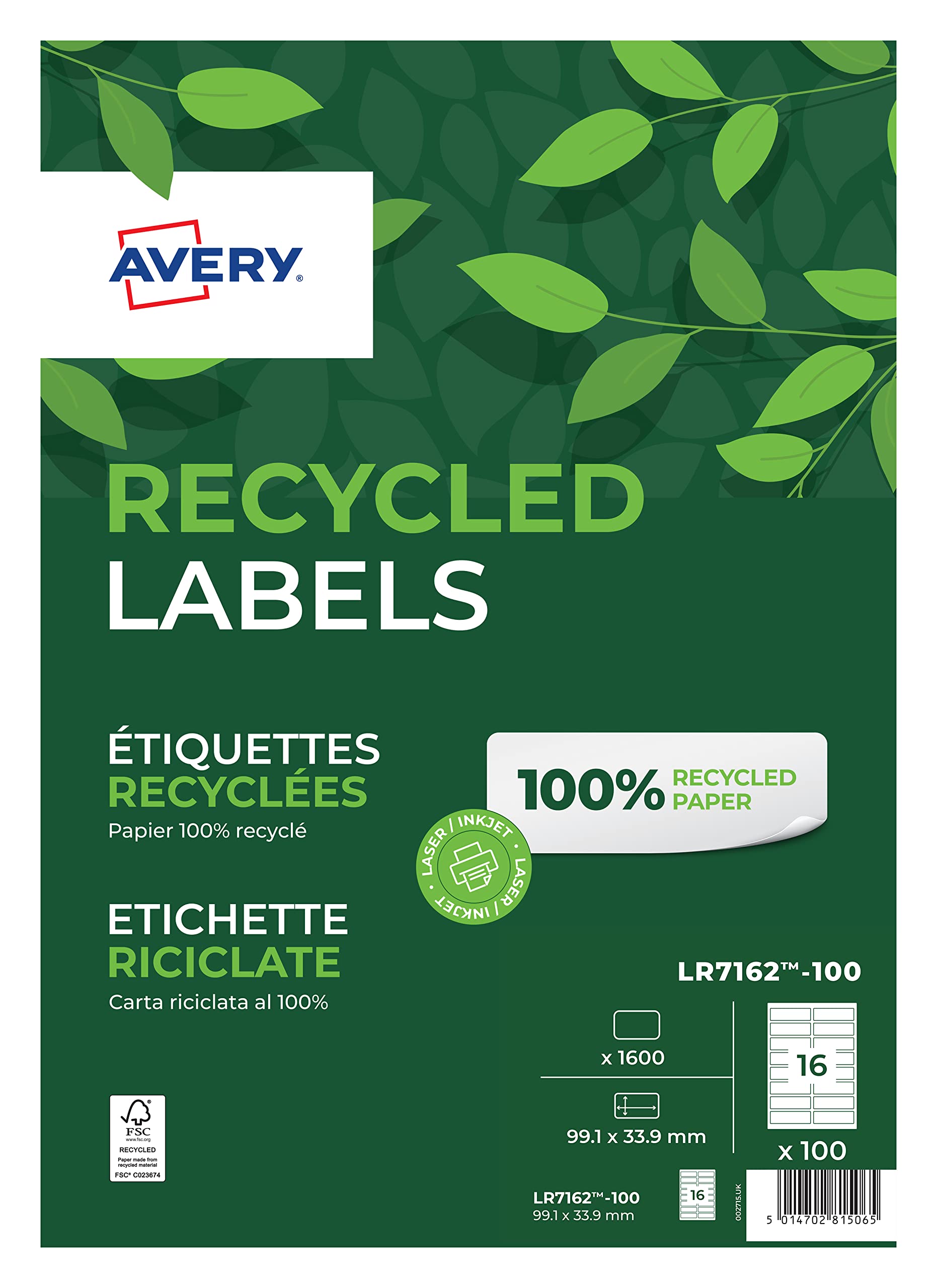 Avery White 99.1 x 34 mm Self Adhesive Laser Recycled Address Labels - 16 Per Pa