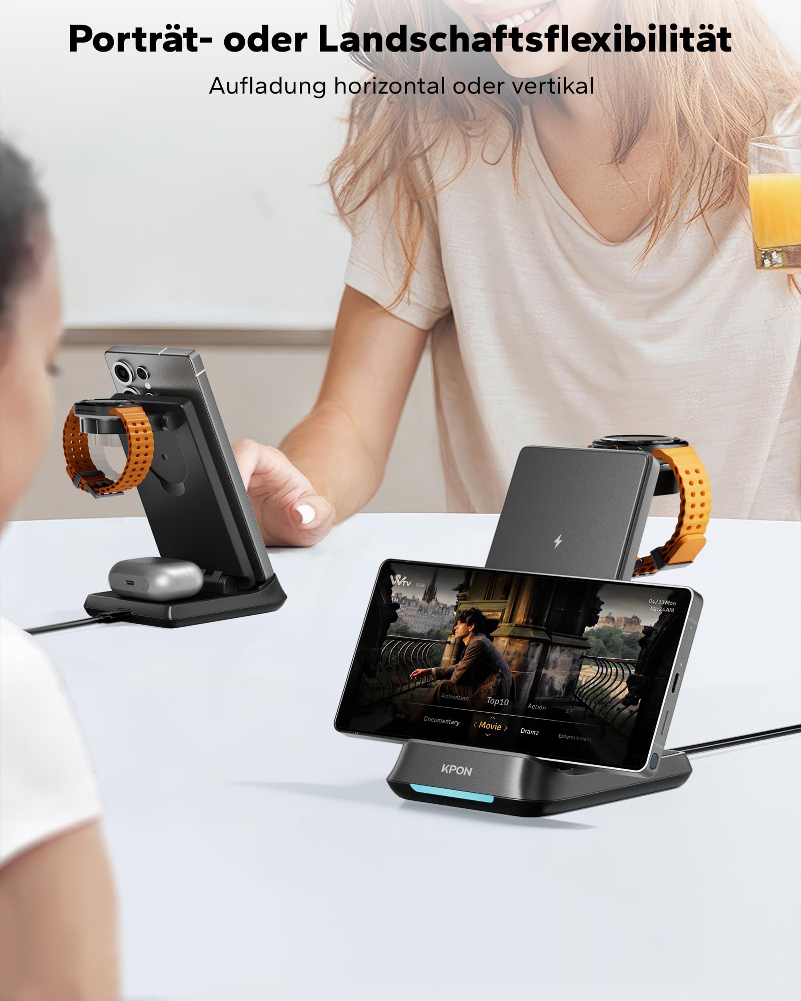 KPON 3 in 1 Ladestation für Samsung Watch und Handy, Faltbar Induktive Ladegerät für Samsung S26/S25/S24/S23/S22/Z Flip/Fold7/FE, Wireless Charger für Galaxy Watch Ultra/8/7/6/5/4, Galaxy Buds-schwarz