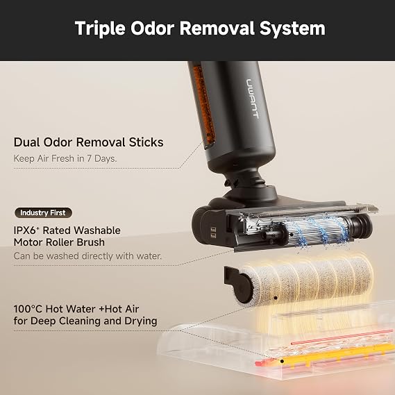 uwant Wet Dry Vacuum Cleaner 180 Lay-Flat Vacuum Mop All in One with 100C Hot Water and Air Drying 23000Pa Suction Vacuum Cleaner with Self-Cleaning Anti Odor Triple Edge Electric Mop
