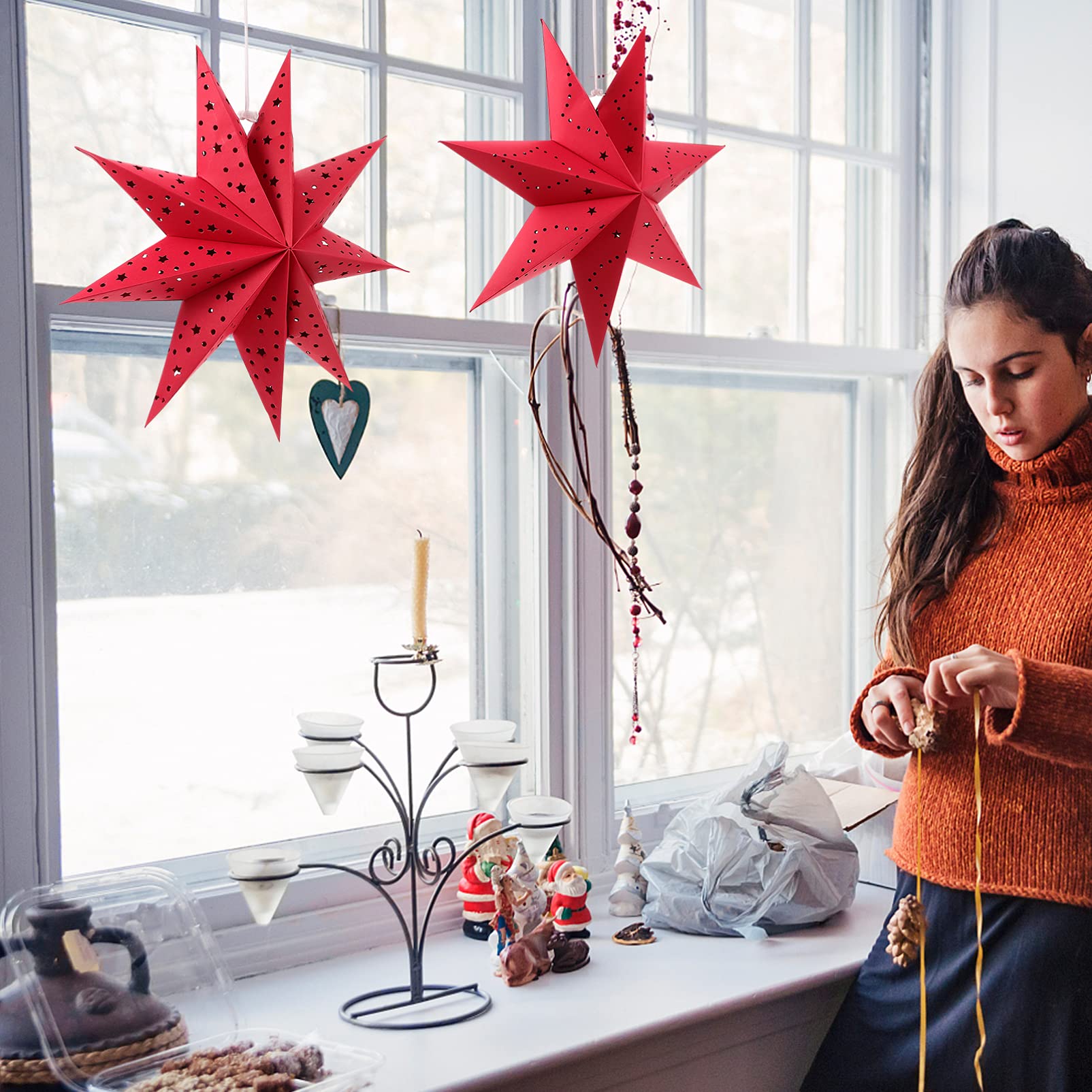 Didiseaon 2Pcs Paper Star Lantern, Nine- Pointed Star Origami Hanging Decorations for Wedding Holiday Birthday Party Decor Red